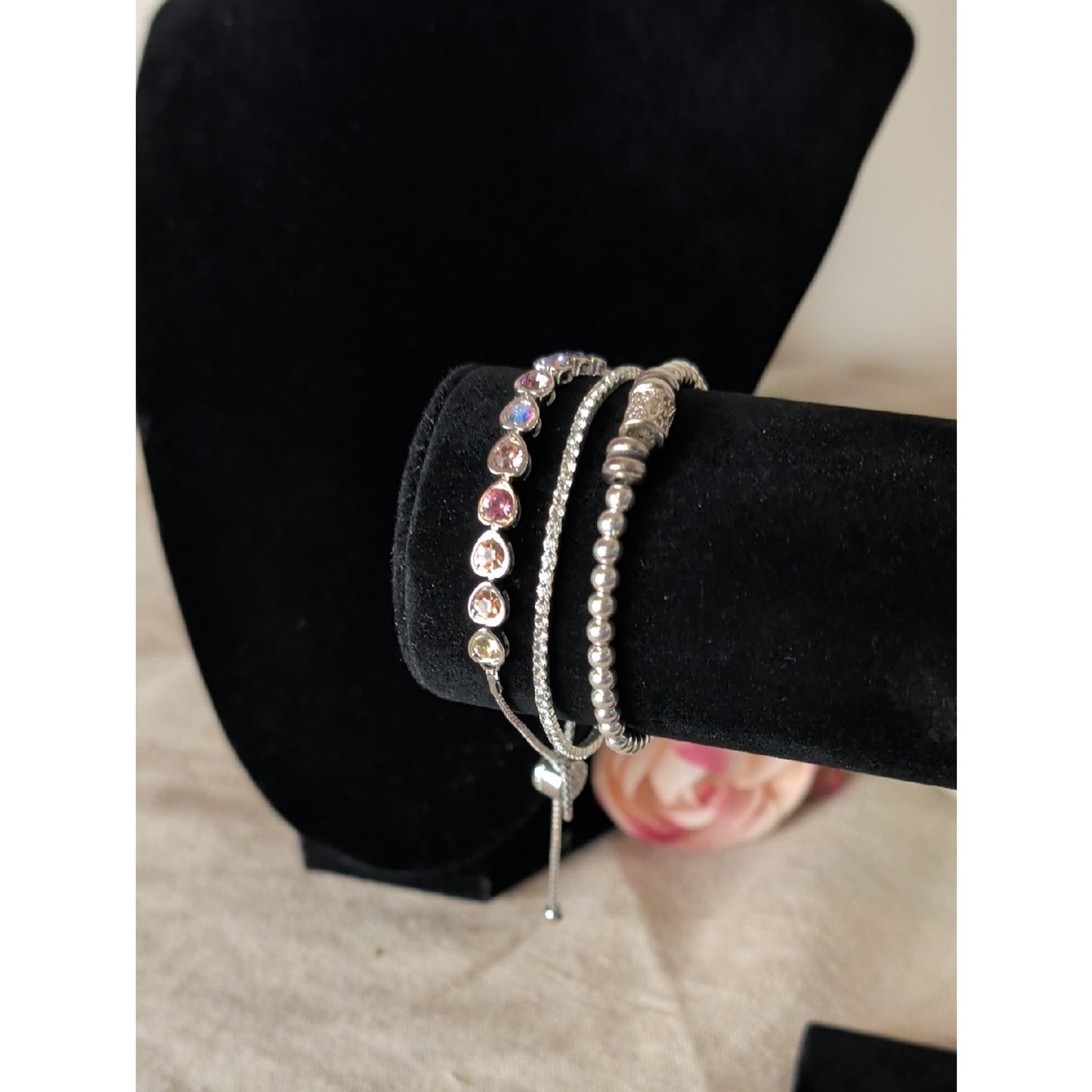 Y2K Pastel Rainbow Heart Bracelet Set  Layered Silver Glam Stack