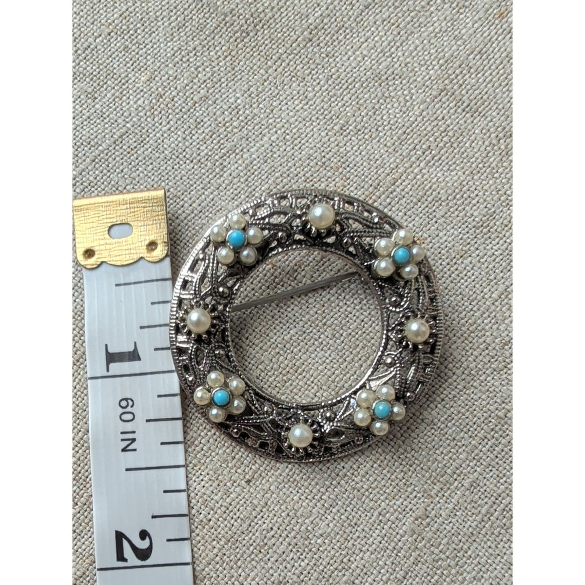 Vintage Faux Pearl Floral Circle Brooch Blue Cabochon Silver Tone Coquette