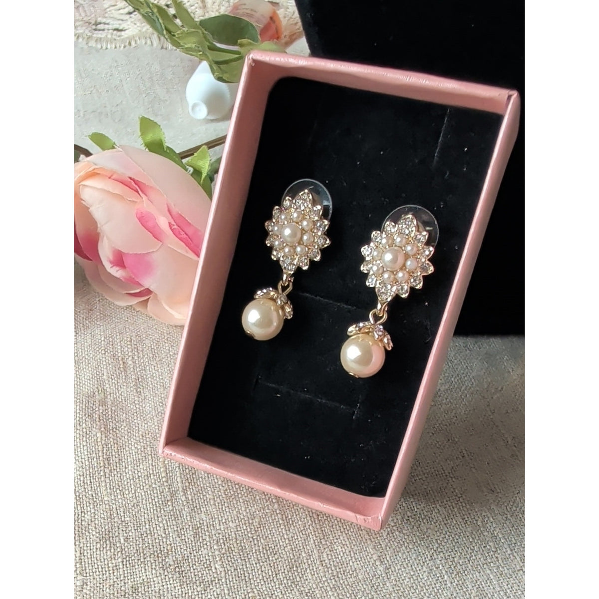 Marchesa Gold Tone Crystal and Pearl Floral Drop Earrings Glam Bridal