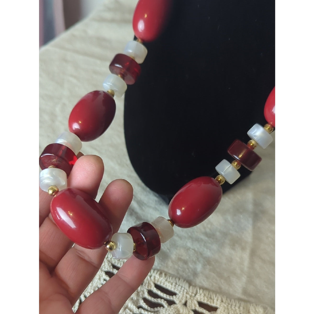 Vintage Monet Red 90's Retro Necklace Chunky Lucite & Gold Beaded Cranberry