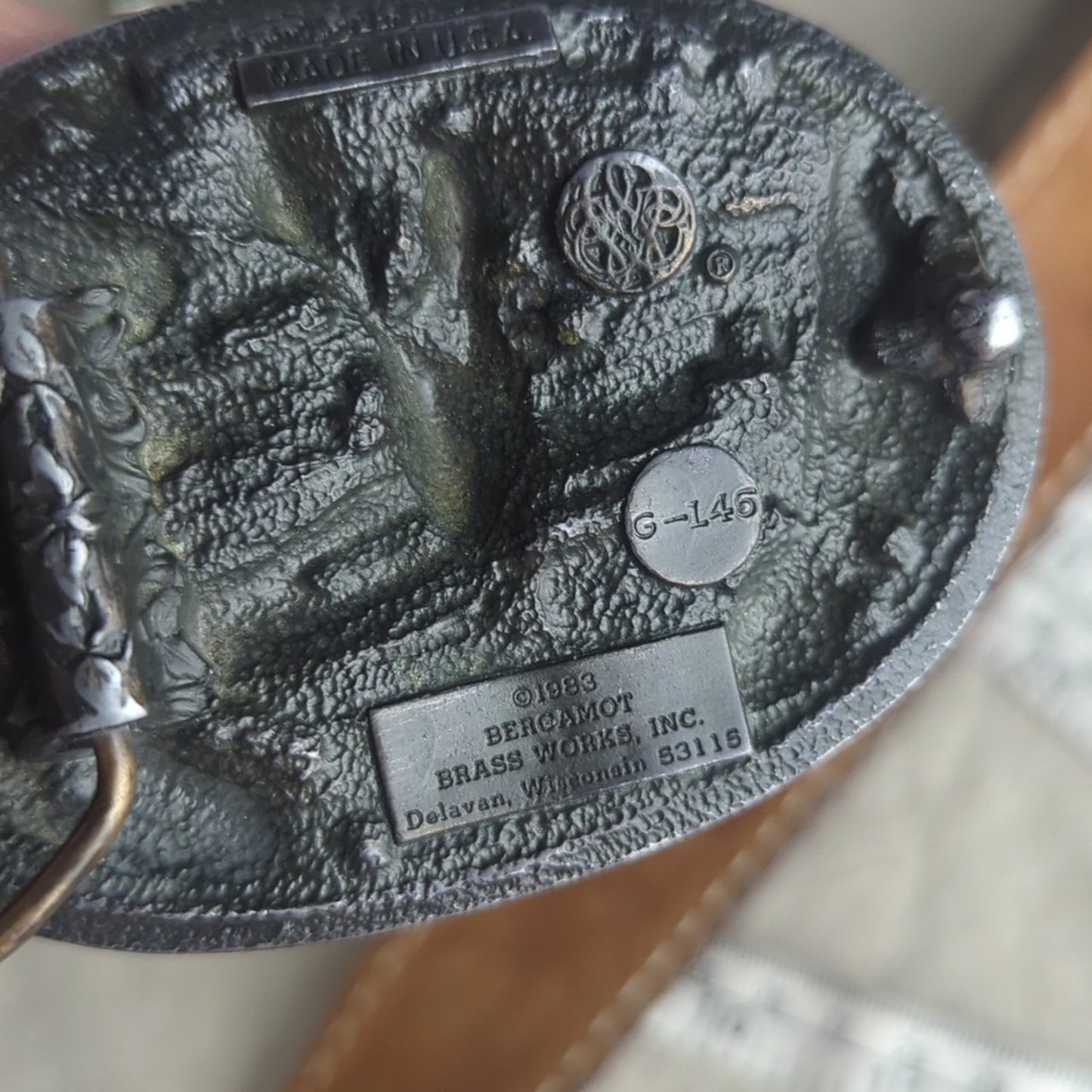 Vintage 1988 Bergamot Brass Works Deer Belt Buckle Embossed Leather Belt Hunting