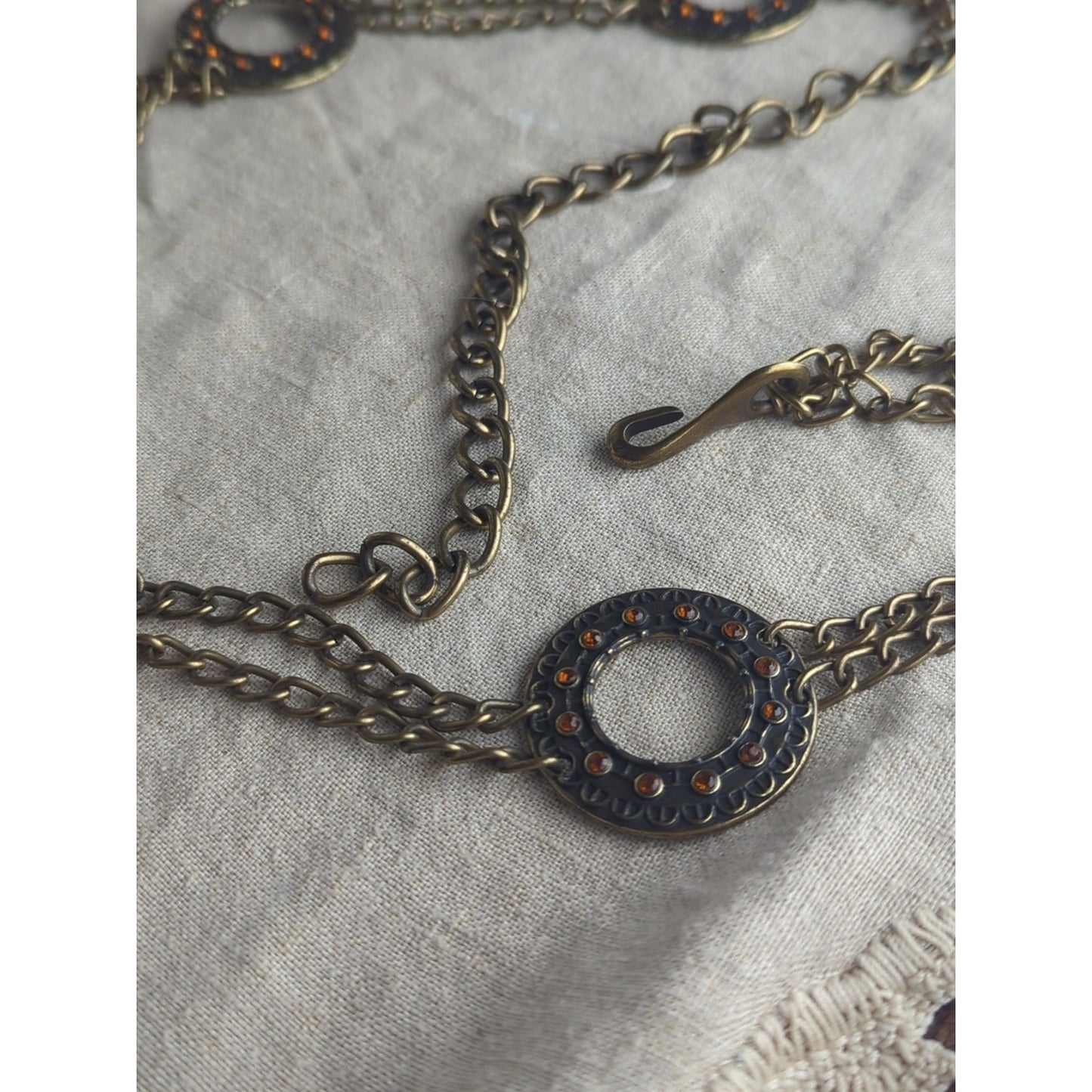 Y2K Double Chain Medallion Belt  Antiqued Brass Tone Boho Western Waist 30"-40"