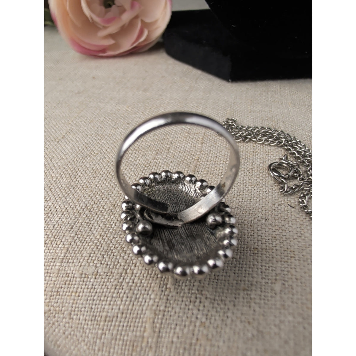 Vintage Silver-Tone Dead Mood Ring & Necklace Set Size 7, Dead Mood Stone Stuck on Deep Blue Cobalt Boho Gothic Cabochon Jewelry Set 20" Chain