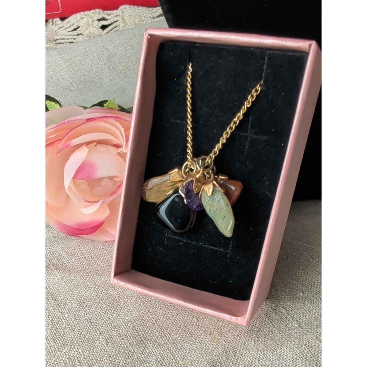 Genuine Mixed Gemstone Cluster Necklace Amethyst Tiger Eye Fairy Luxe