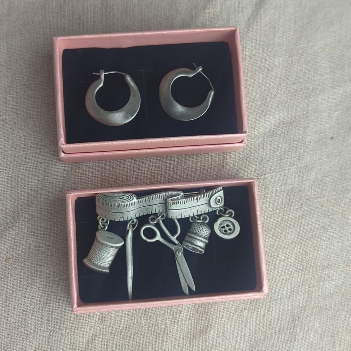 Vintage Sewing Motif Pin & Pewter Hoop Earrings Curated Maker Set