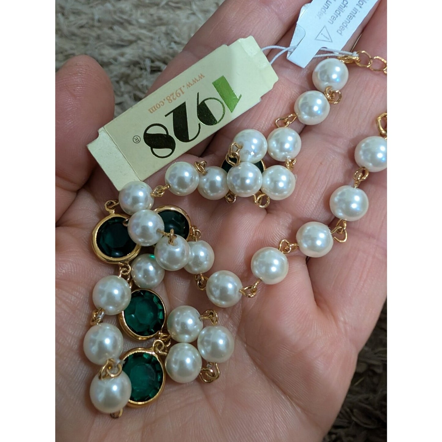 1928 14K Gold Dipped Faux Pearls Emerald Green Cabochon Necklace
