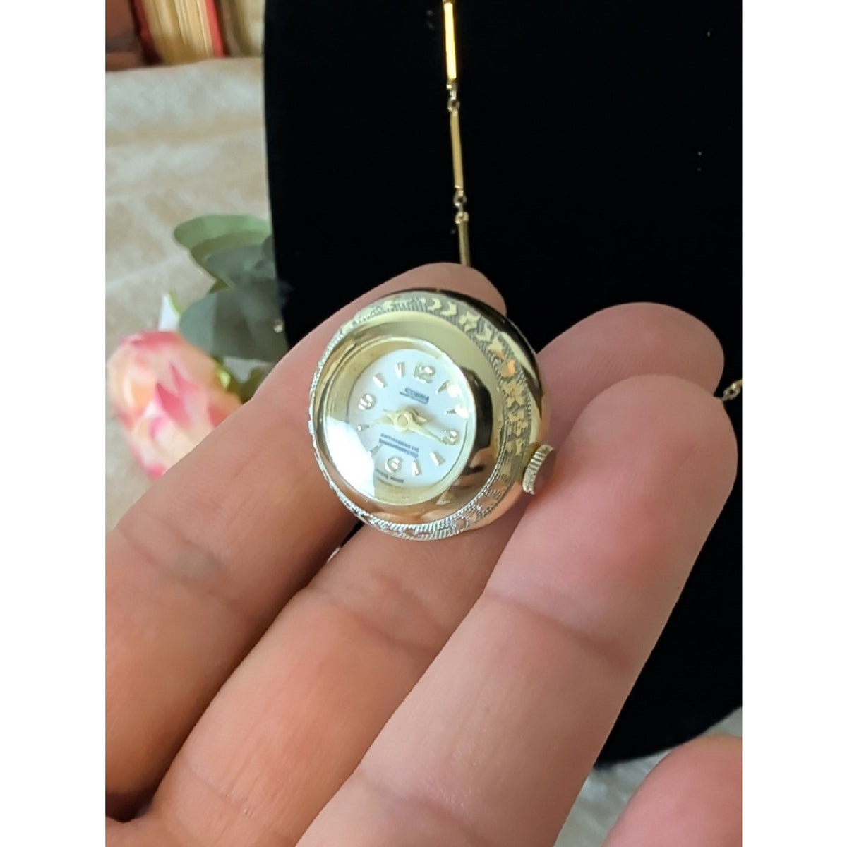 Vintage Sorna Swiss Made Pendant Watch Necklace Mid Century Gold Tone Retro