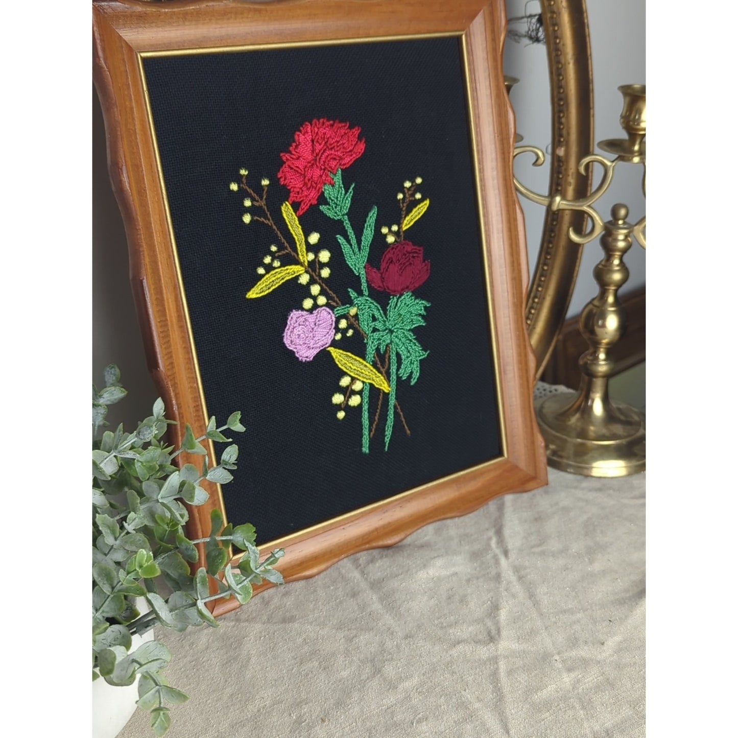 Vintage Floral Crewel Embroidery Framed Art, Romantic Cottage Wall  Art