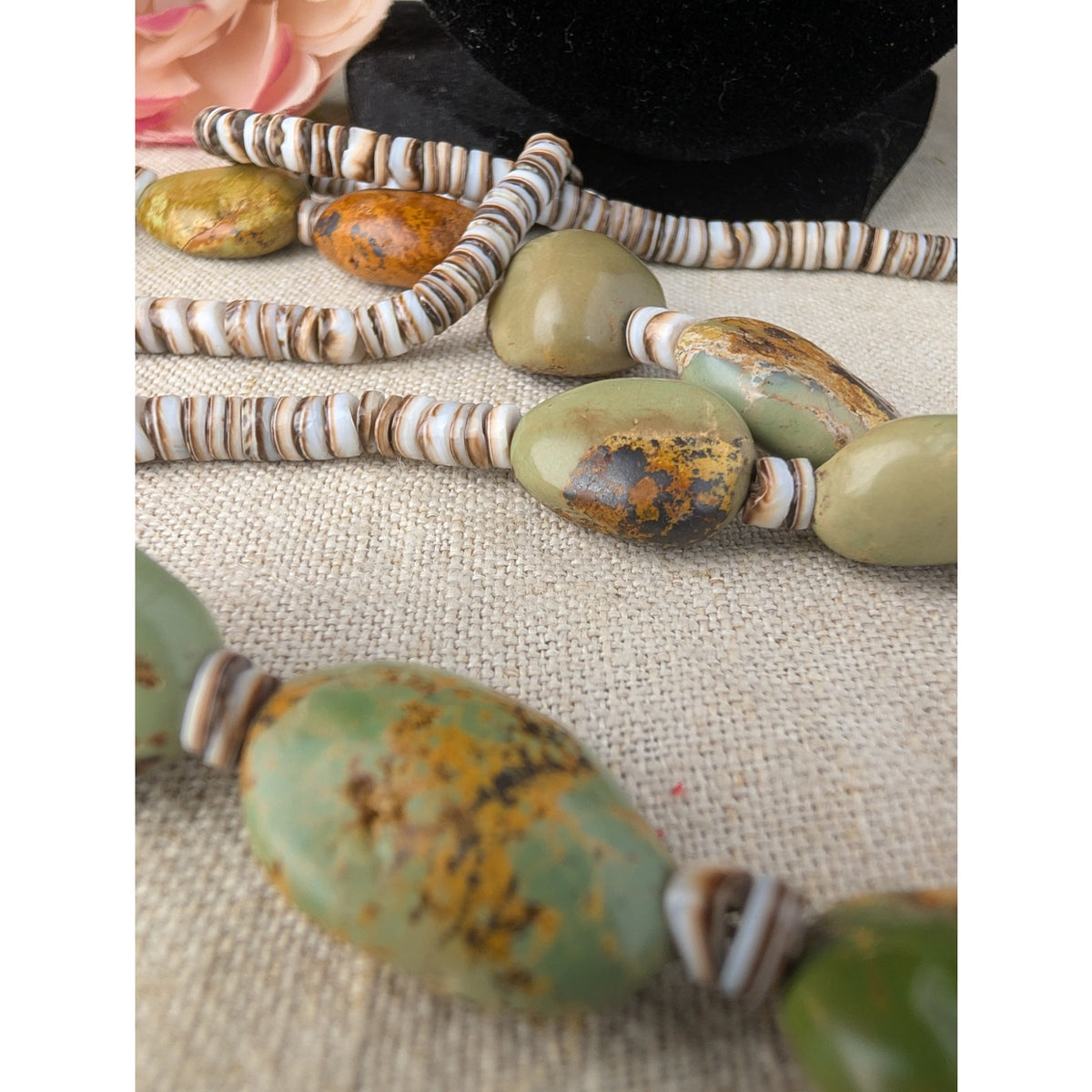 Vintage Navajo Royston Green Turquoise Nugget Shell Heishi Necklace 74g 29"
