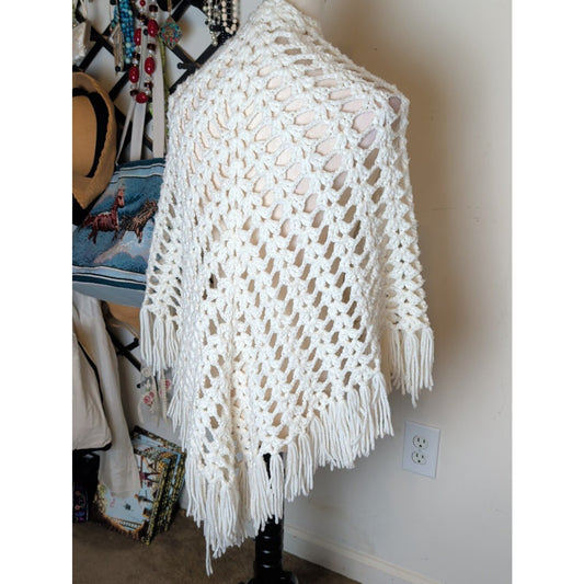 Vintage Handmade Crochet Fringe Shawl Cottagecore Prairie Festival Wrap