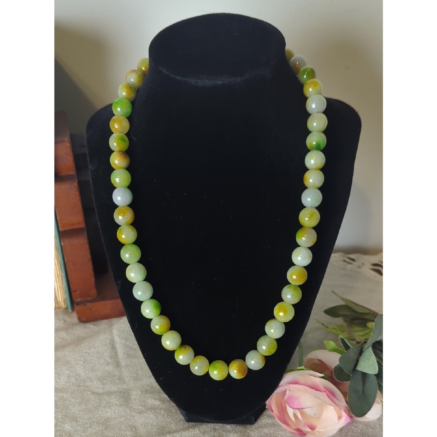 Jade Toned Stone Bead Necklace Earthy Luxe Green & Honey Gemstone Strand
