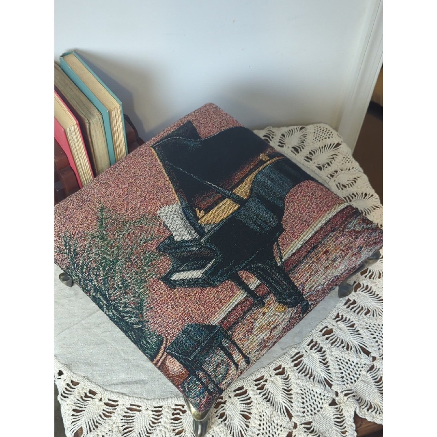 Vintage 90's/Y2K Tapestry Footstool  Baby Grand Piano Upholstery