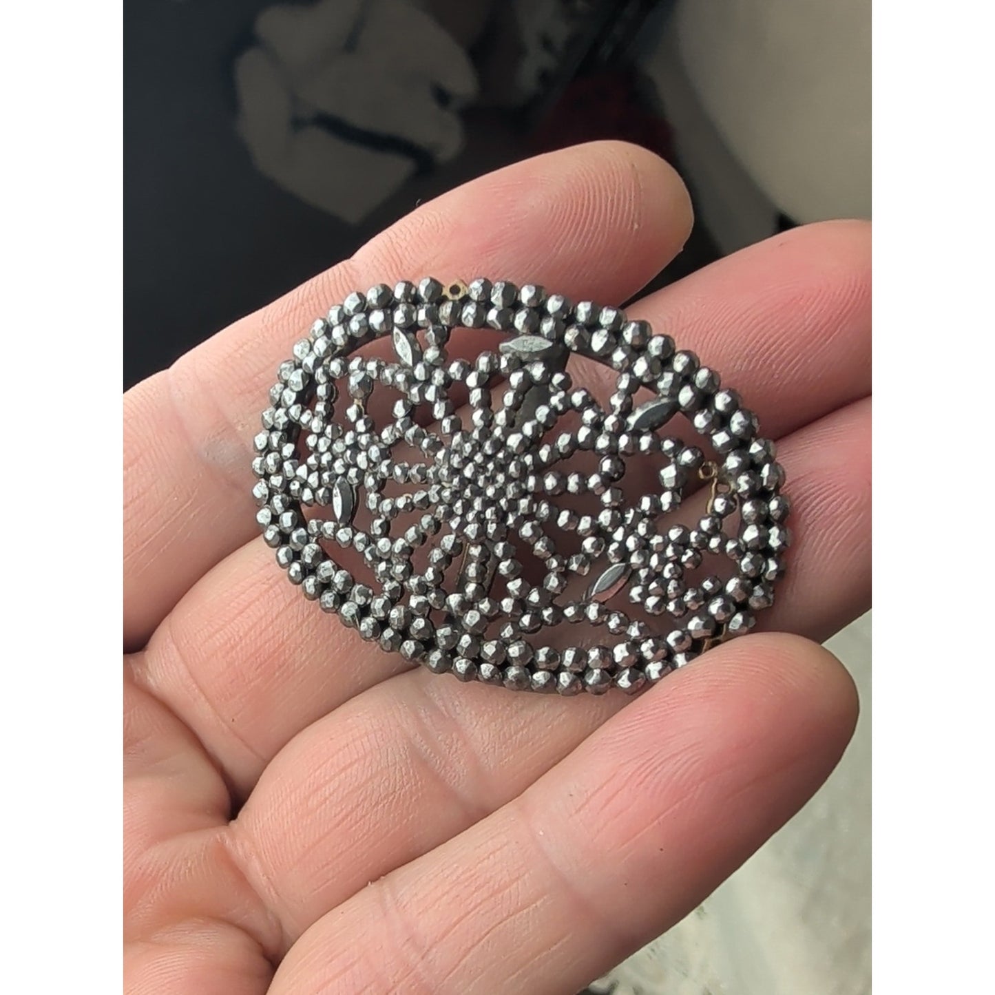 Vintage M.G. France Oval Cut Steel Style Belt Buckle French Floral Starburst