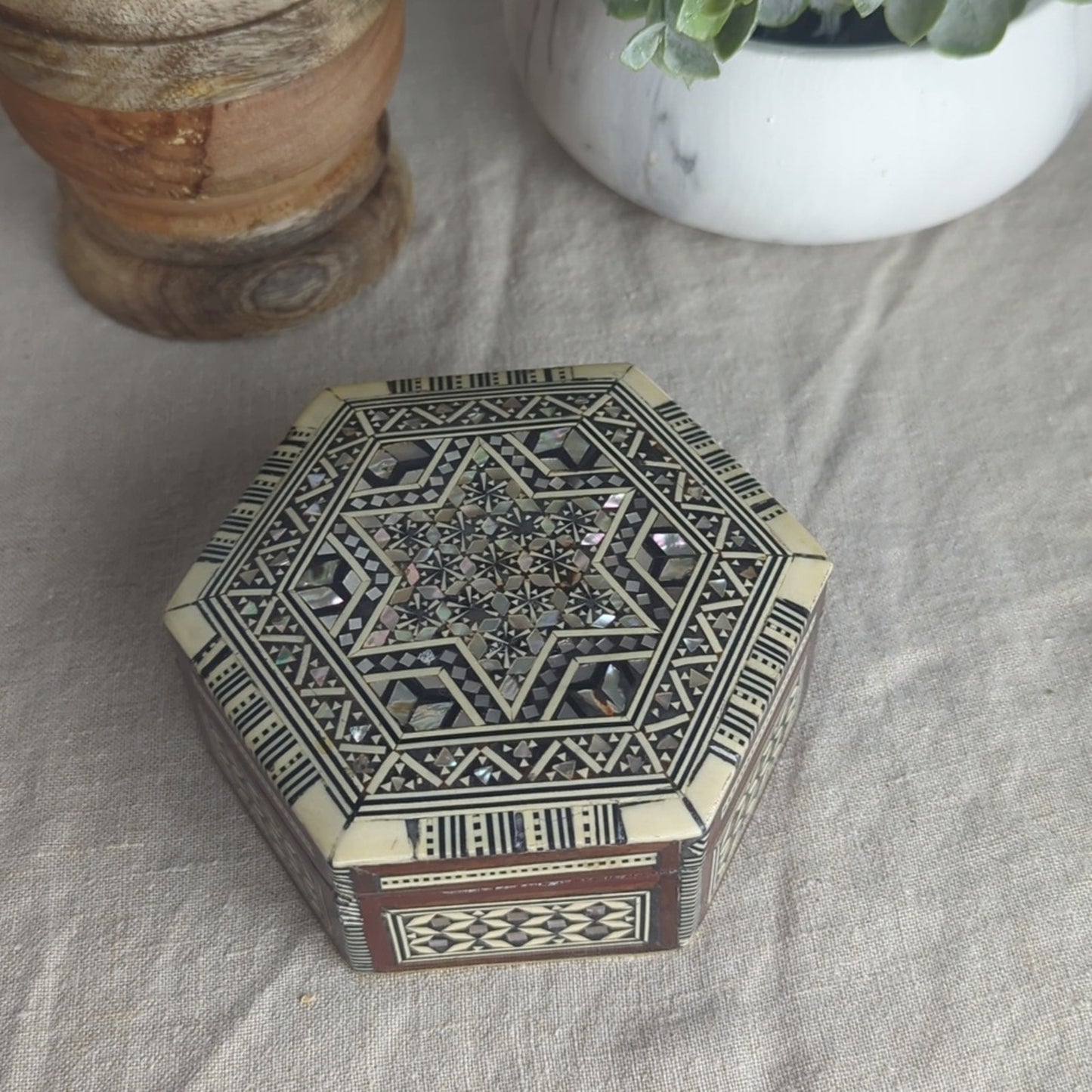 Vintage Damascus Mosaic Jewelry Box, Syrian Mother of Pearl Inlay Trinket Box