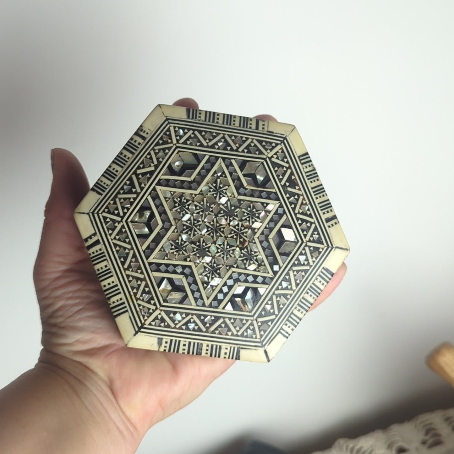 Vintage Damascus Mosaic Jewelry Box, Syrian Mother of Pearl Inlay Trinket Box