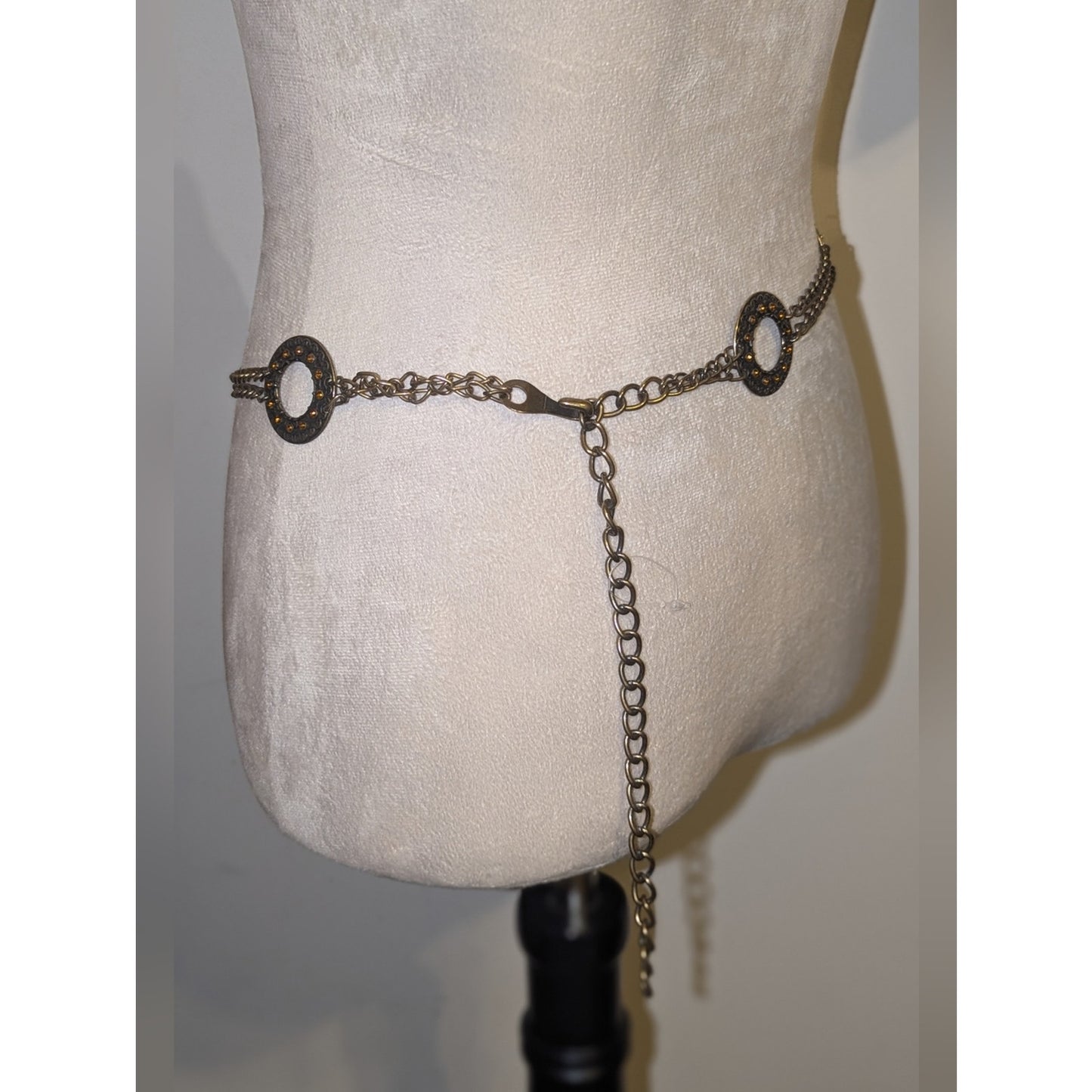 Y2K Double Chain Medallion Belt  Antiqued Brass Tone Boho Western Waist 30"-40"