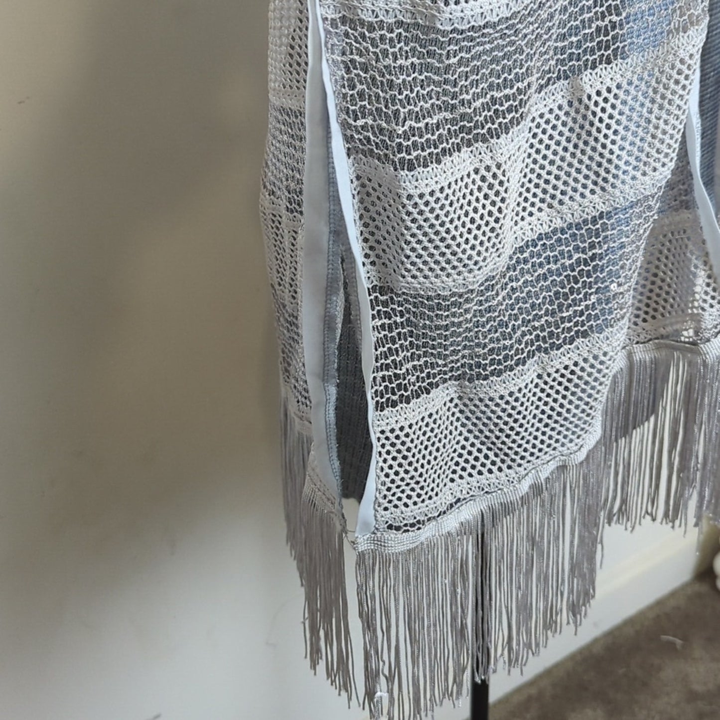 Boho Poncho Beach Cover up Knit & Netting Stripes Western Fringe One Size