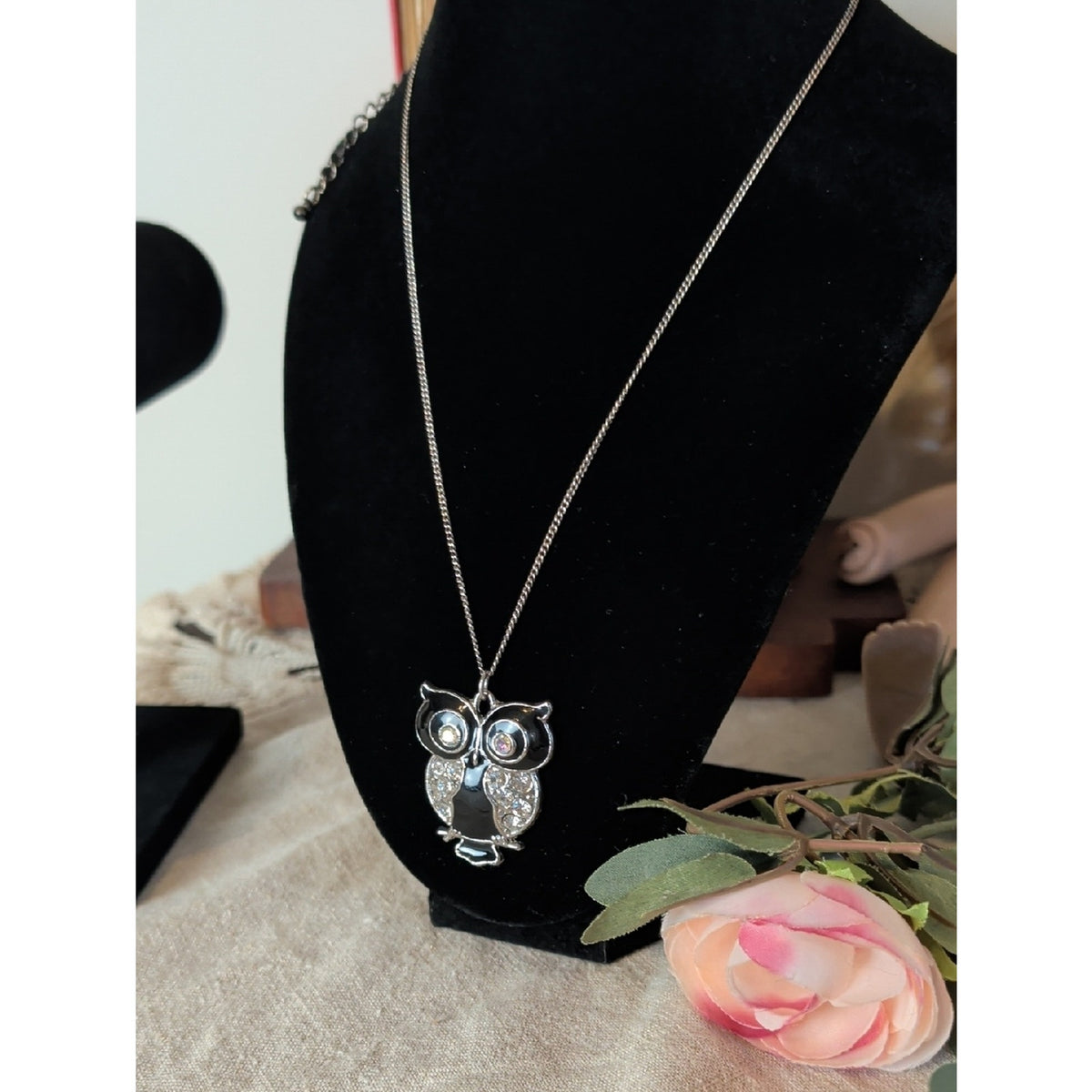 Vintage Black Enamel Owl Pendant Necklace Large 2" Rhinestone Glass Crystal