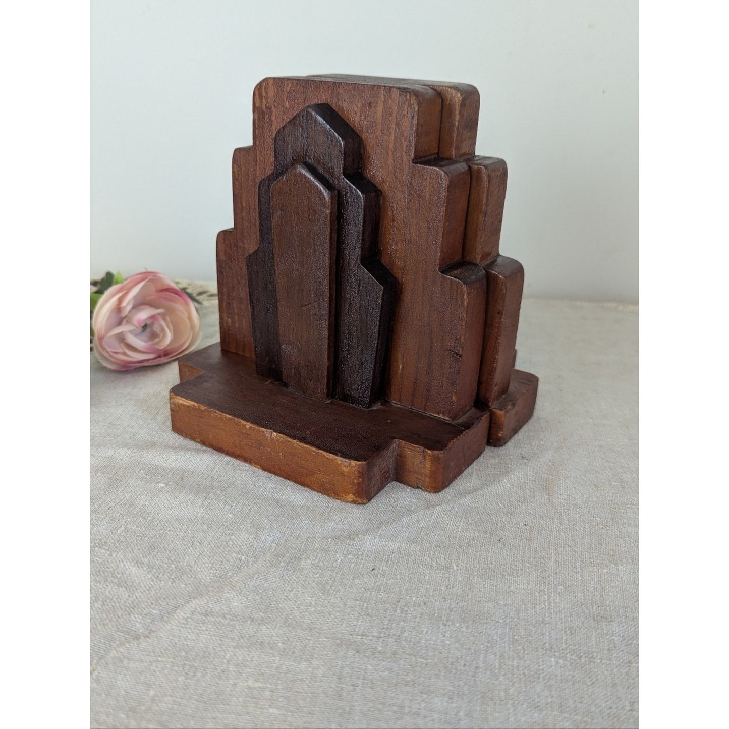 Vintage Wooden Bookends Set | MCM Brutalist Geometric Bookends | Mid Century
