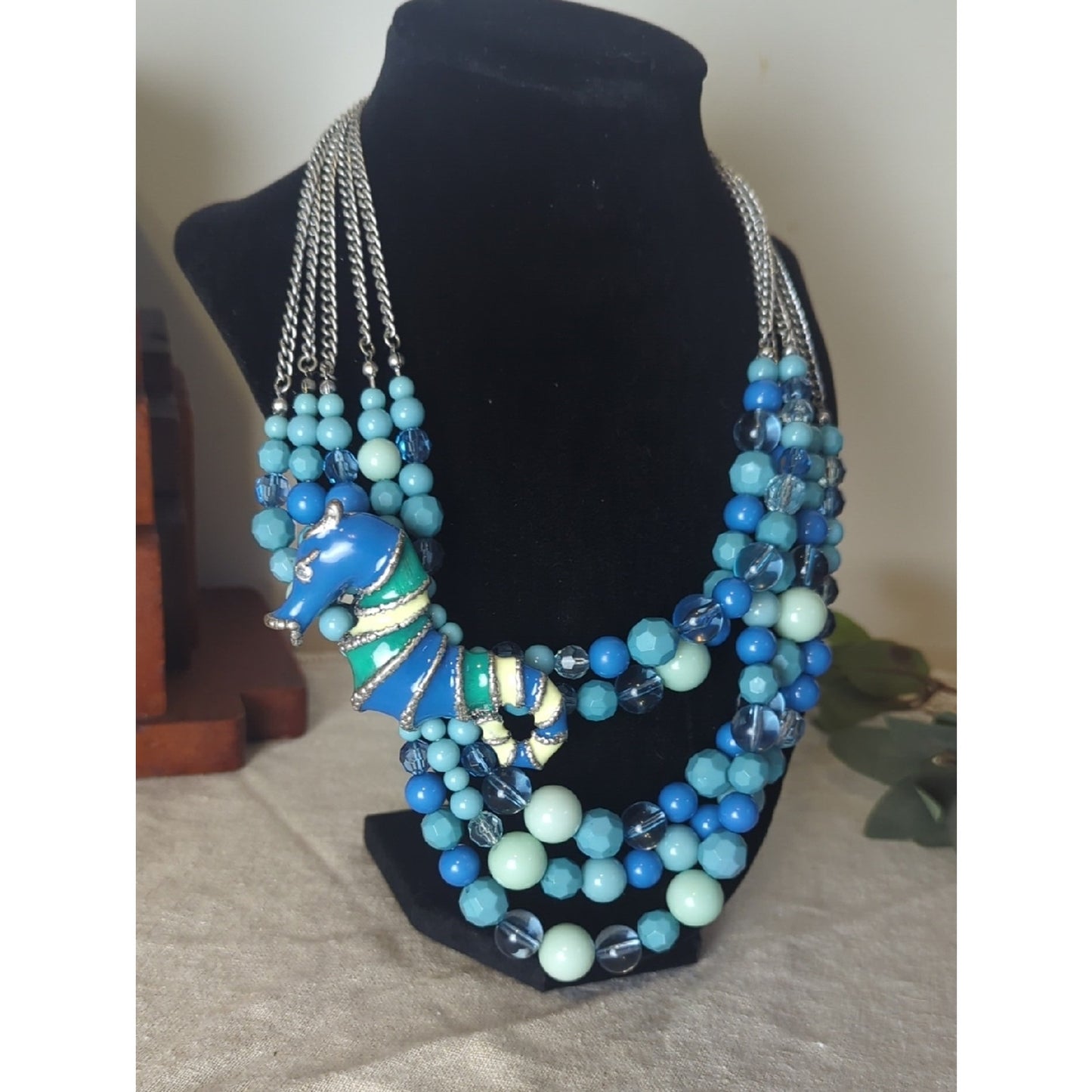 Vintage Seahorse Statement Necklace, Coastal Art to Wear, Layered Beaded Ocean