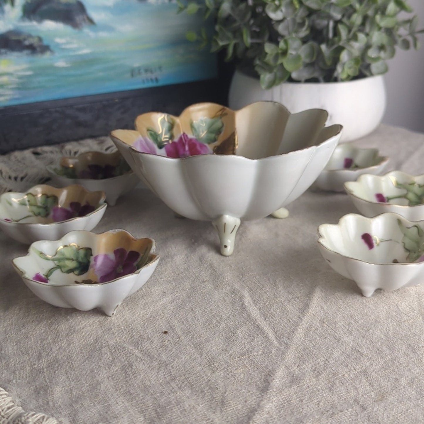 Vintage Made in Japan Porcelain Relish Server Set 3-Footed Bowl & 6 Floral bowls