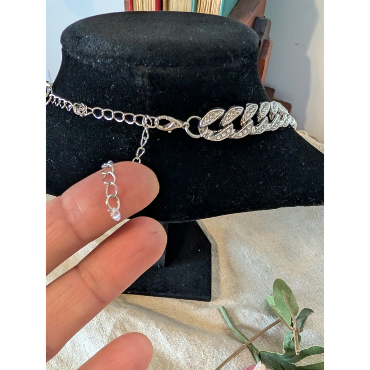 Y2K Rhinestone Cuban Link Necklace  Silver Tone Glam Chain  Pavé Crystal Detail