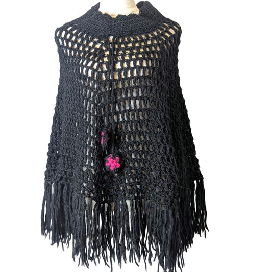 Fairy Grunge Black Open Knit Fringe Poncho Women's Medium