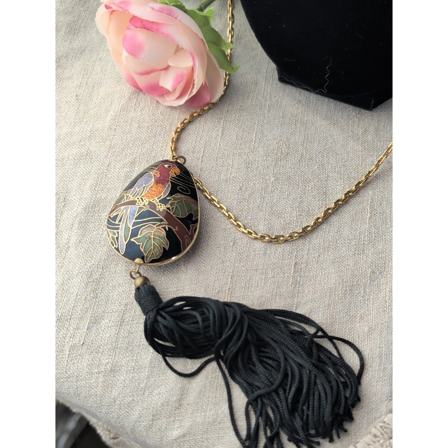 OOAK Vintage Cloisonné Parrot Pendant Necklace Authentic Monet Gold Tone Chain