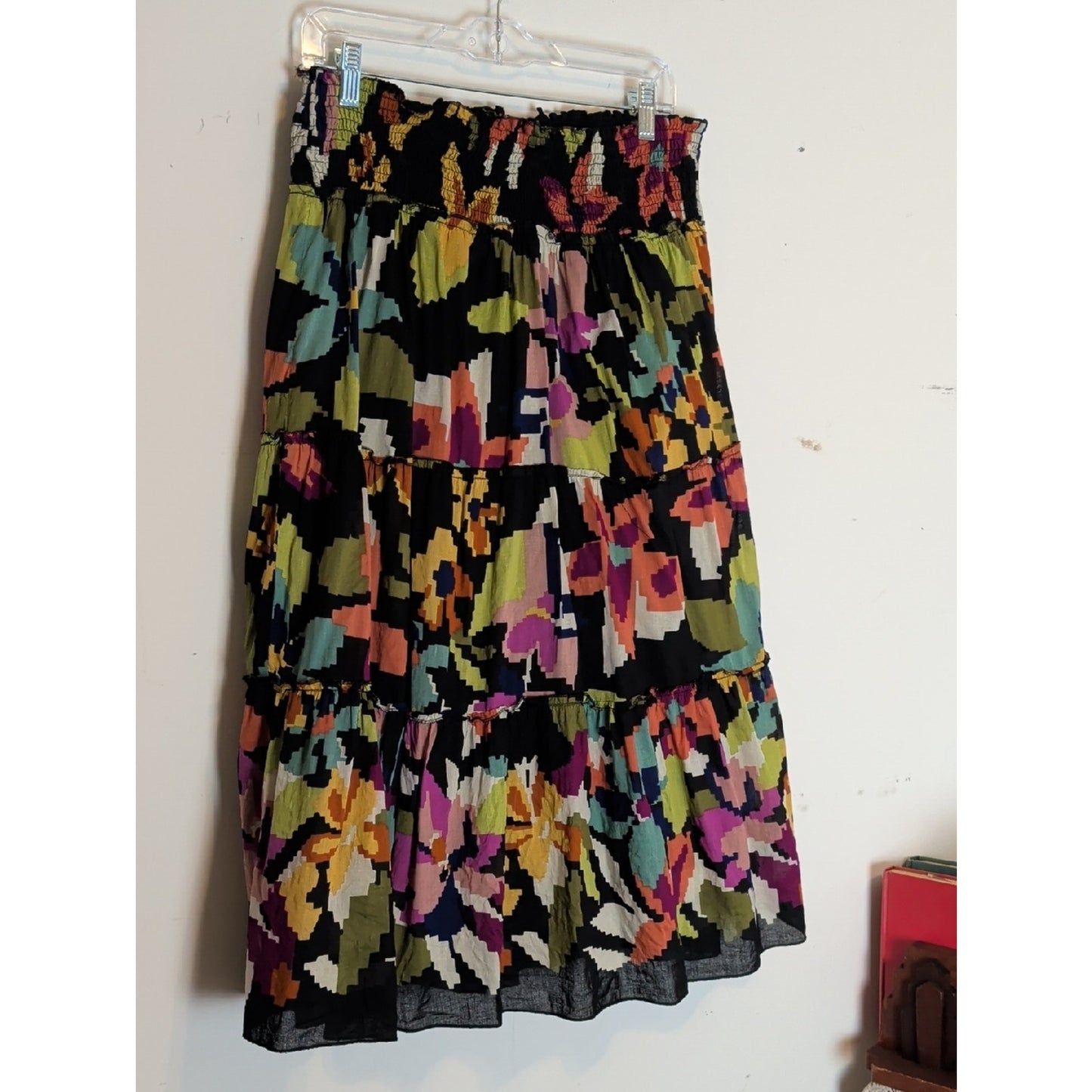 Vintage Boho Tiered Midi Skirt  Smocked Waist Abstract Floral Cotton Large