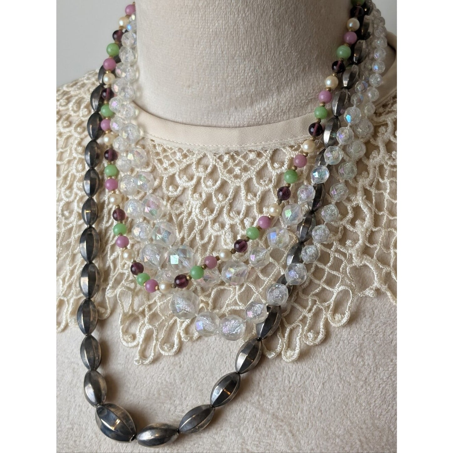 Curated Vintage Layered Necklace Trio Coquette Romantic Glass & Aurua Beads
