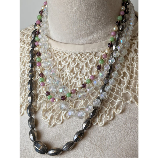 Curated Vintage Layered Necklace Trio Coquette Romantic Glass & Aurua Beads