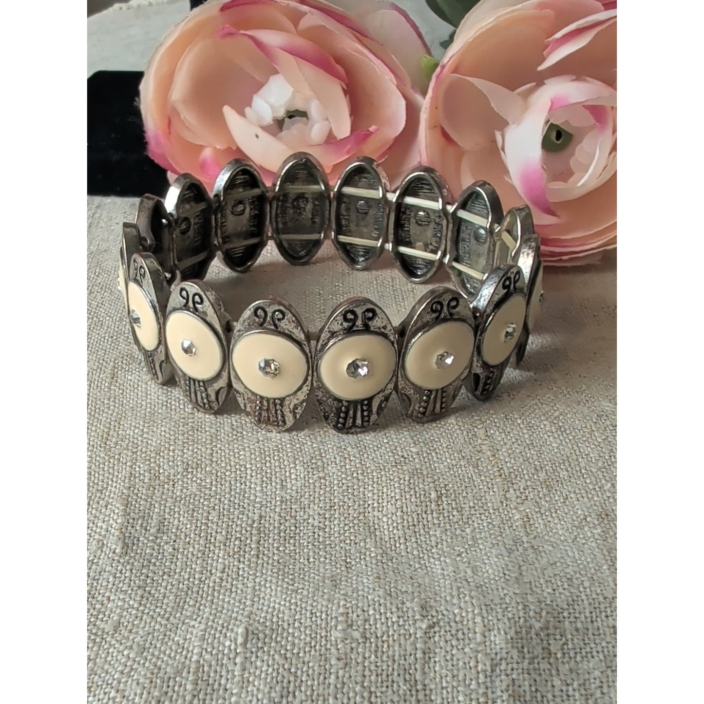 Vintage Cream and Silver Southwestern Meets Art Deco Stretch Bracelet