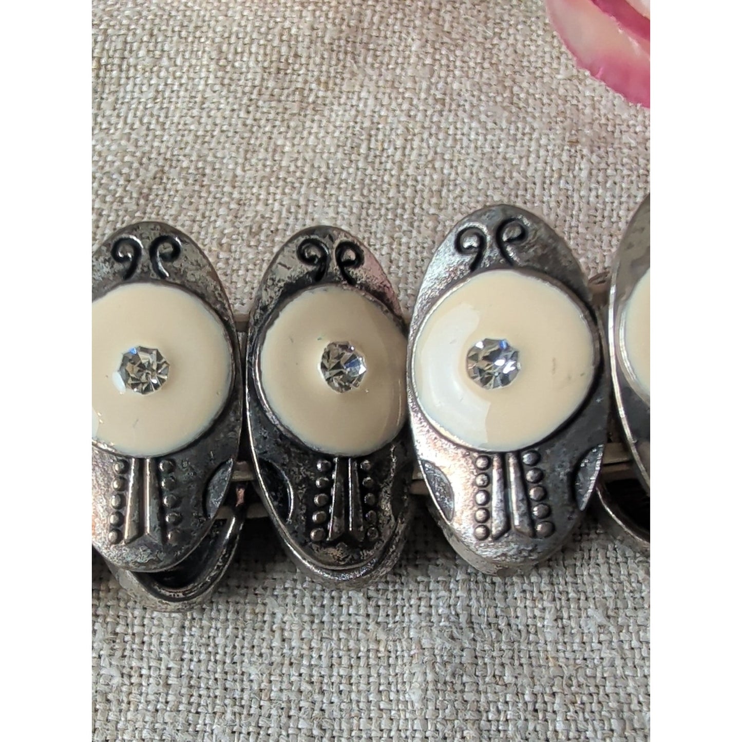 Vintage Cream and Silver Southwestern Meets Art Deco Stretch Bracelet