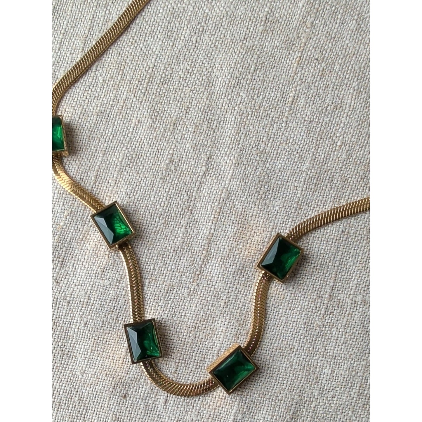 Vintage JY Emerald Green Glass Necklace 18K Gold Plated 80s Designer Style