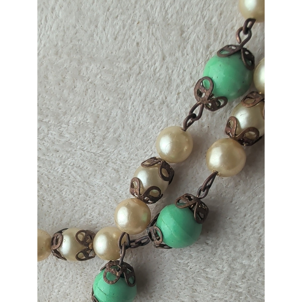 Vintage Seafoam Green Bead Glass Pearl Filigree Necklace & Screw Back Earrings