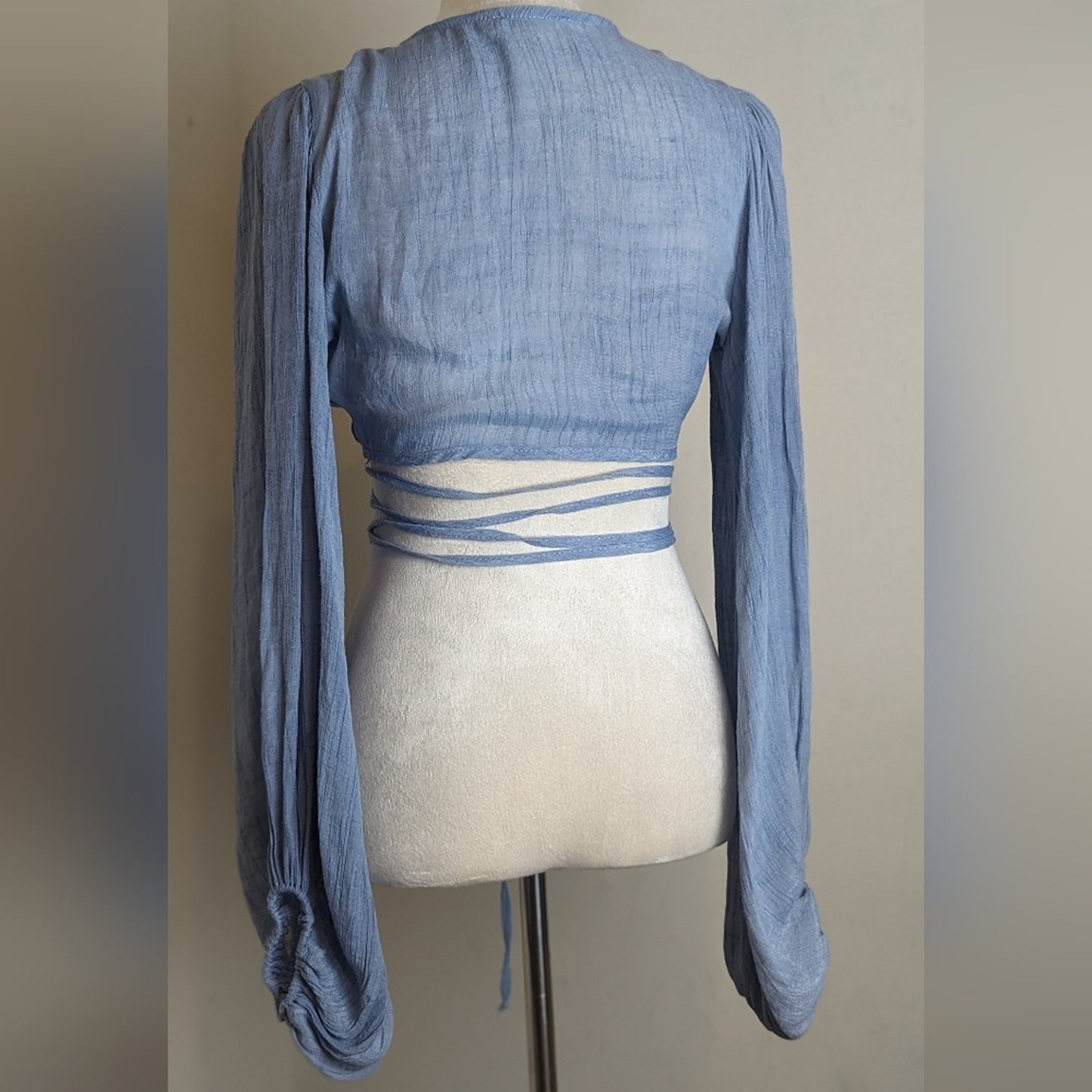 Festival Long Balloon Sleeve Wrap Crop Top Gauzy Knit Women's Size S