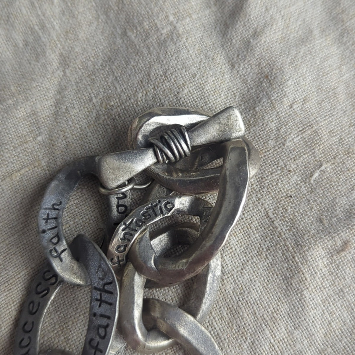 Vintage Pewter-Tone Inspirational Link Bracelet Hand-Stamped Word Jewelry Art