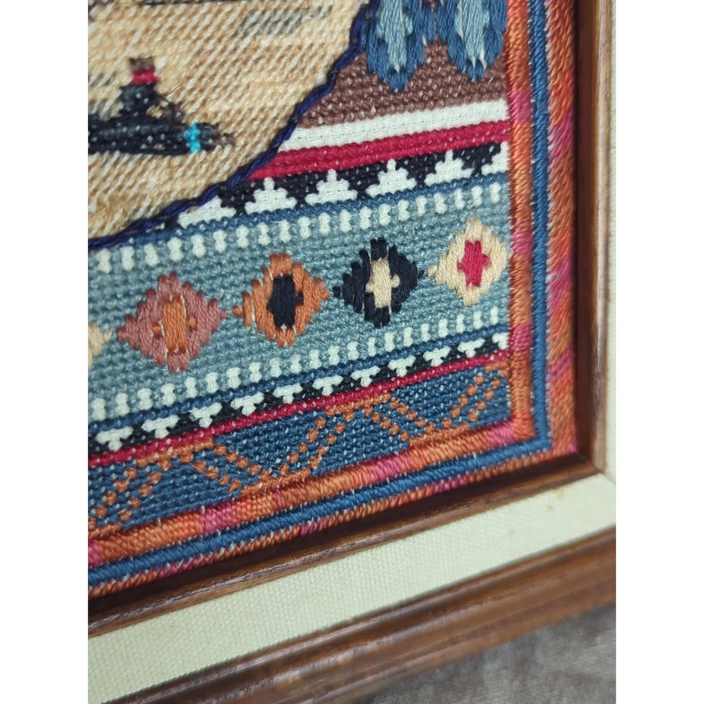 Vintage Southwestern Needlepoint Art Desert Still Life Pottery Scene 11x13