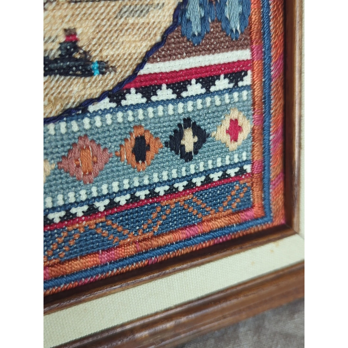 Vintage Southwestern Needlepoint Art Desert Still Life Pottery Scene 11x13