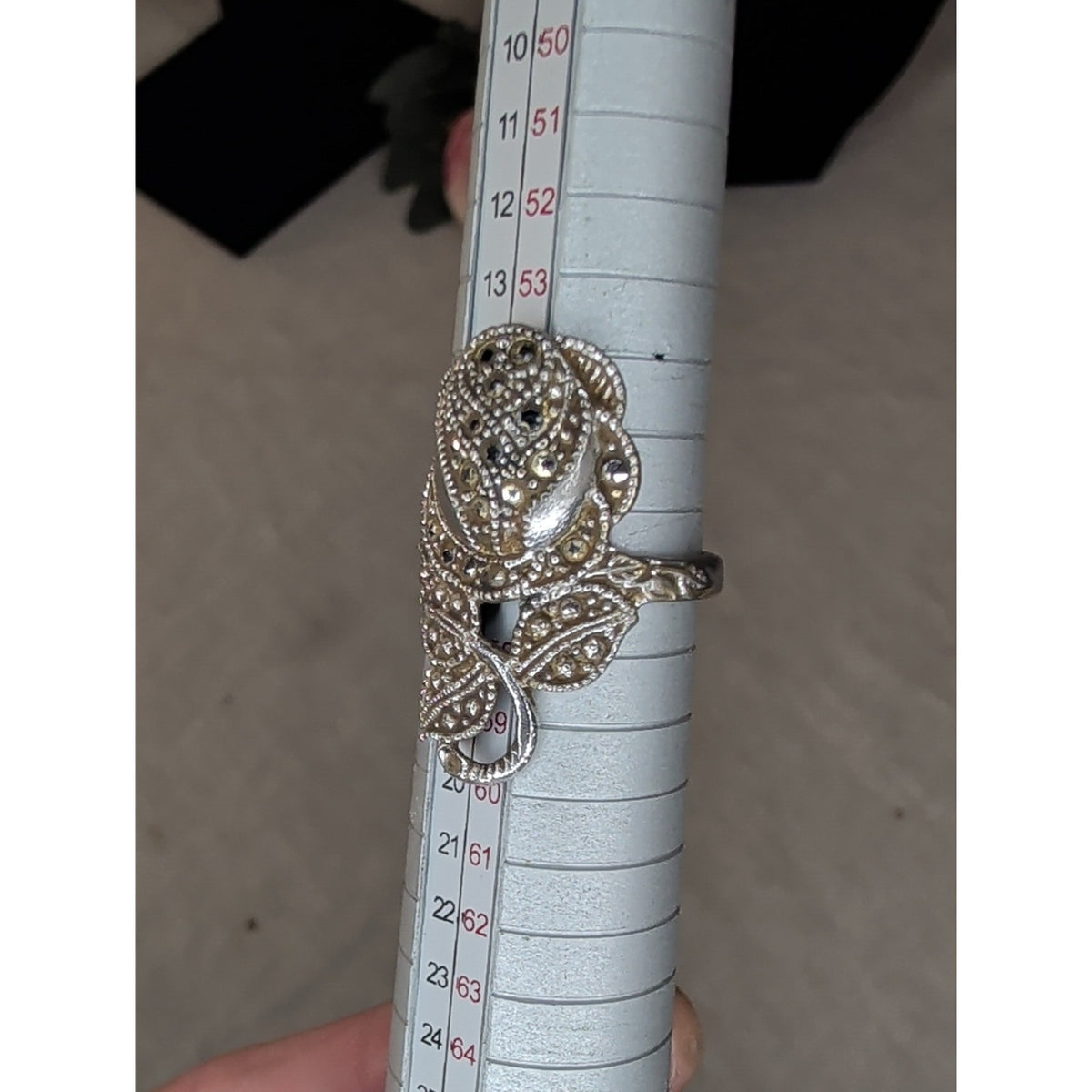 Whimsigoth Unique Vintage Rose Ring Rhinestones Silvertone Size 7.75