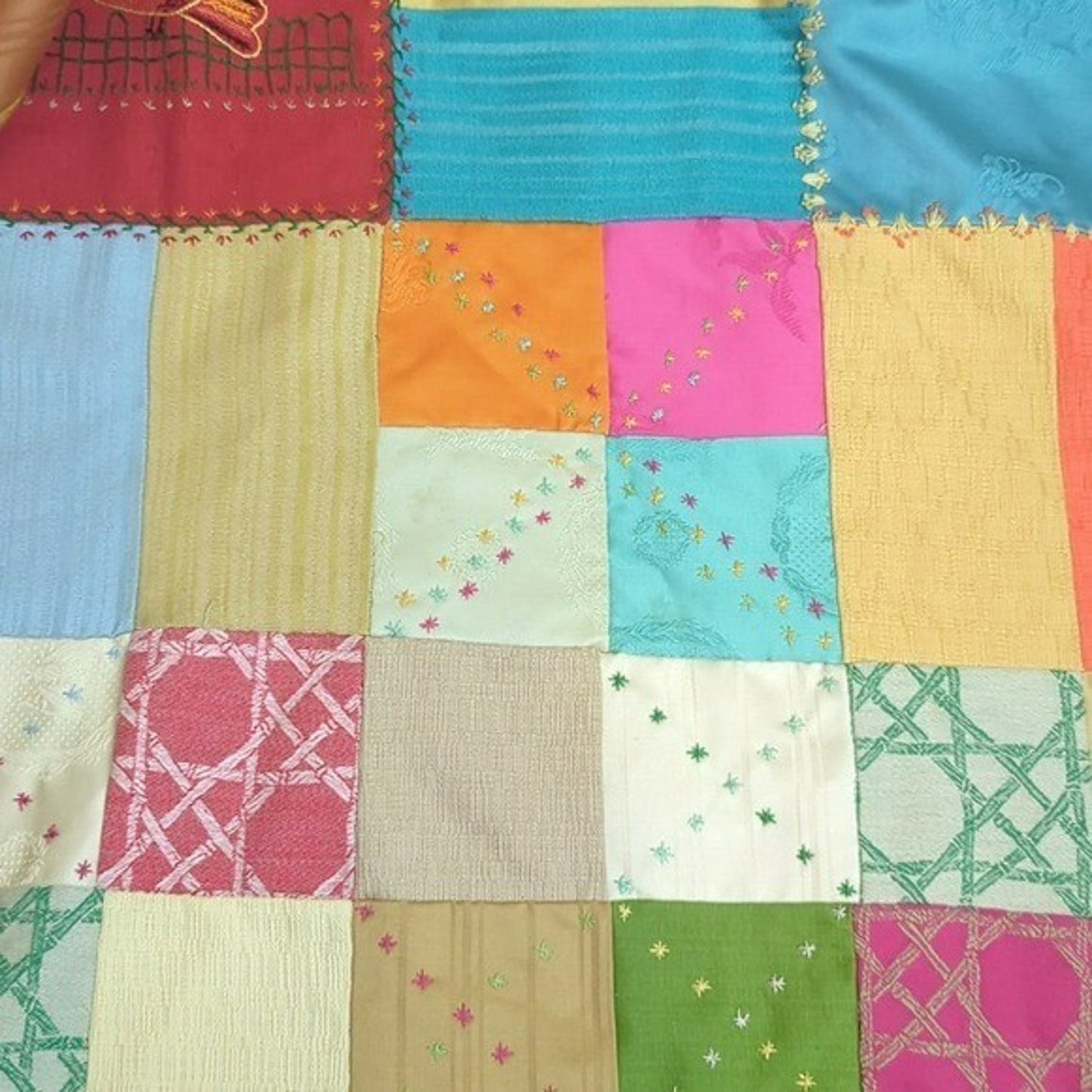 Crazy Quilt Large Rare Vintage Patchwork Quilt Embroidered Gold Satin Back 58x88