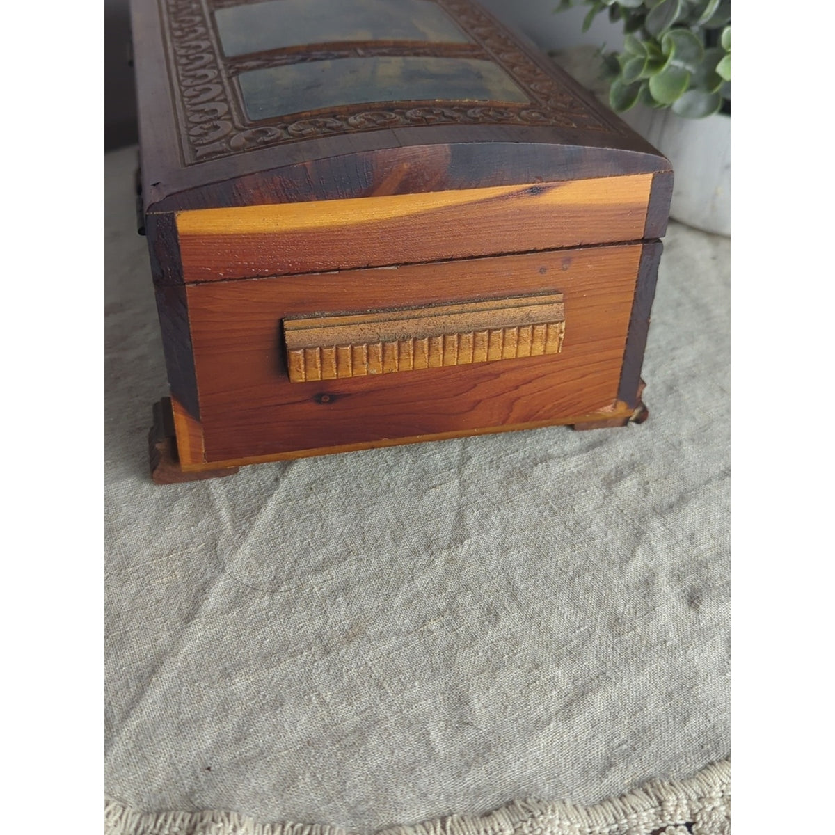Vintage Carved Wood Keepsake Box | Storybook Cottage Jewelry Chest | Ornate Foot