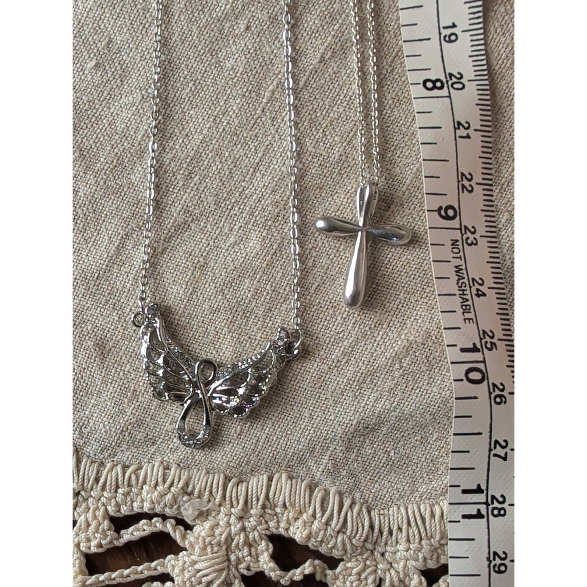 Vintage Silver Tone Angel Wings Crystal Cross Necklace Set Layered Y2K Celestial