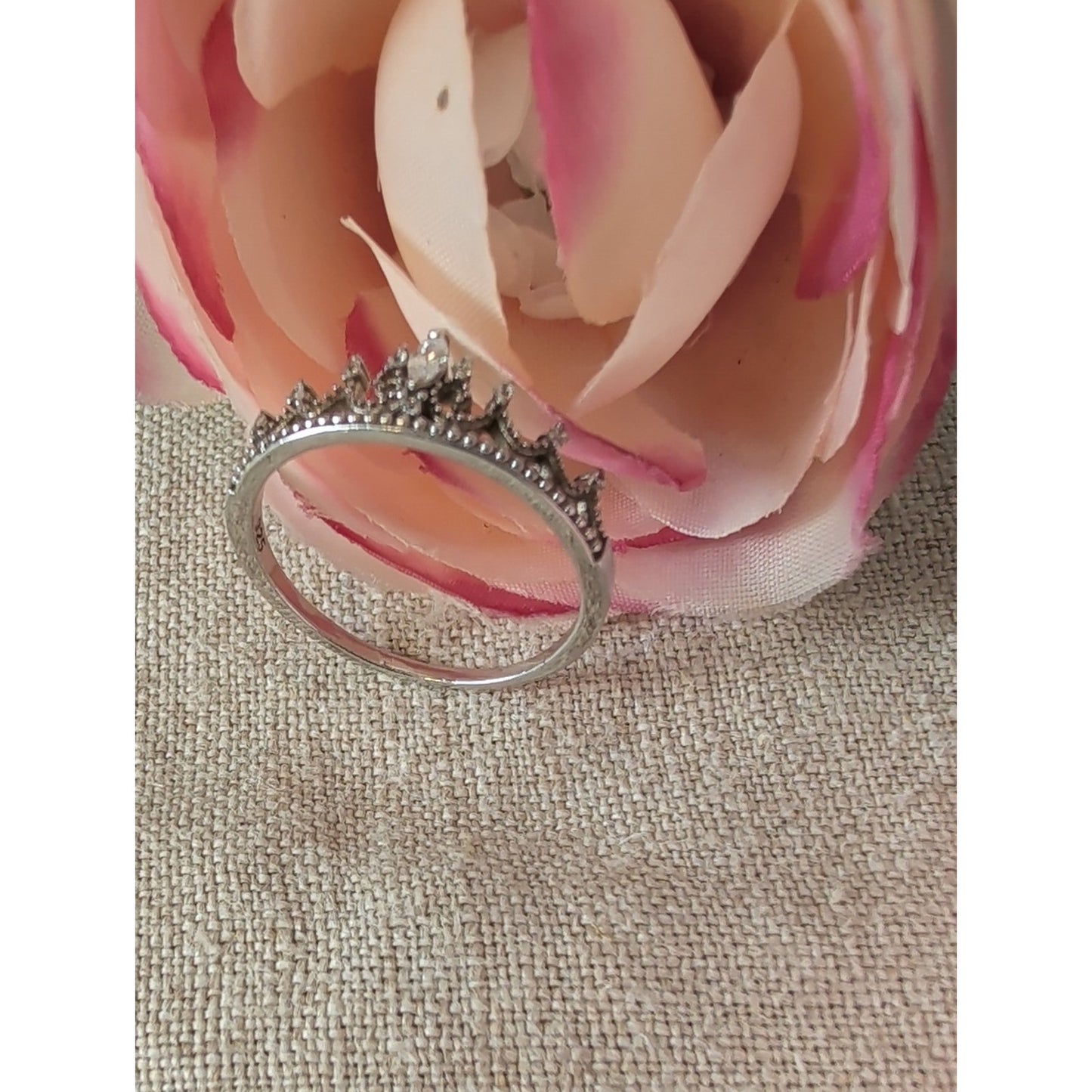 925 Sterling Silver Princess Tiara Crown Ring CZ Size 9.5