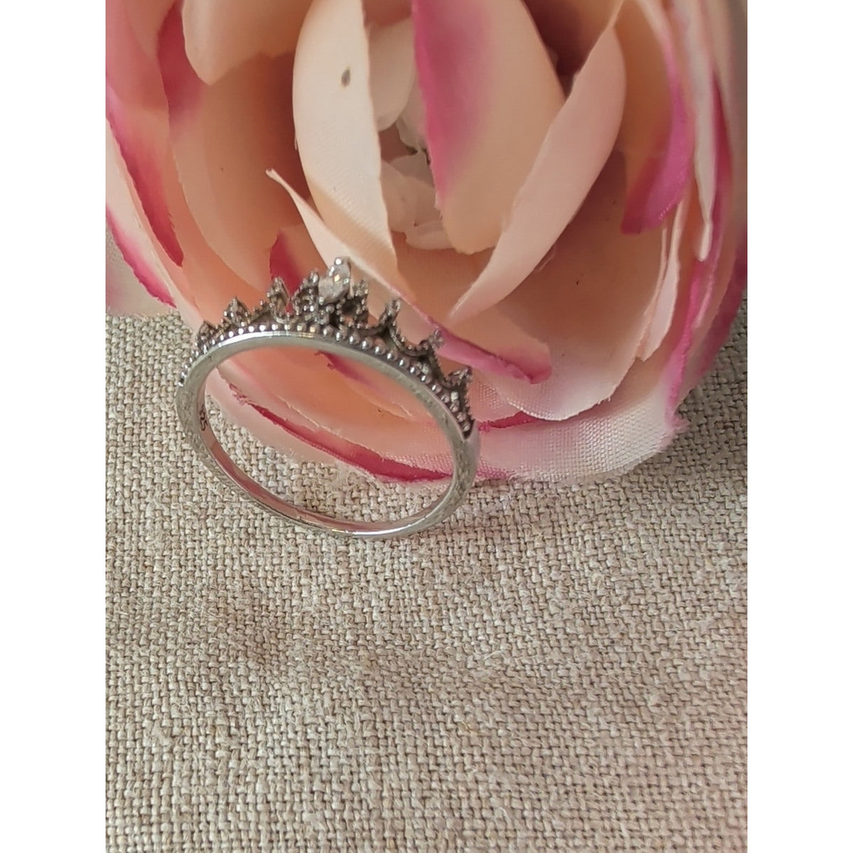 925 Sterling Silver Princess Tiara Crown Ring CZ Size 9.5