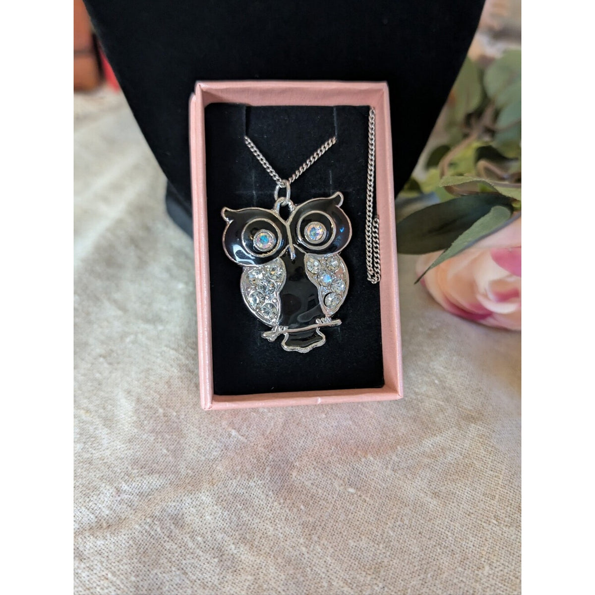 Vintage Black Enamel Owl Pendant Necklace Large 2" Rhinestone Glass Crystal