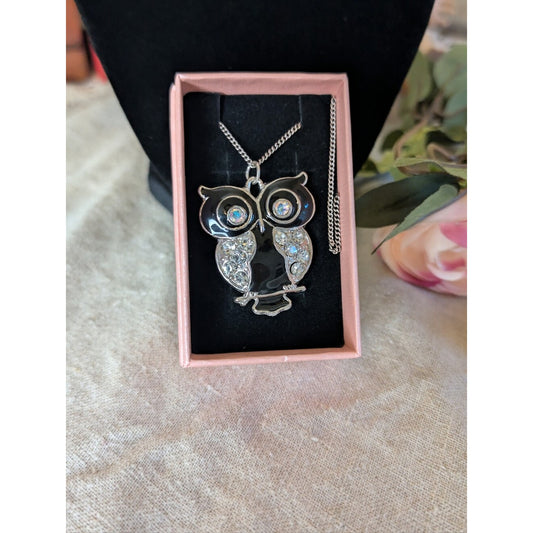 Vintage Black Enamel Owl Pendant Necklace Large 2" Rhinestone Glass Crystal