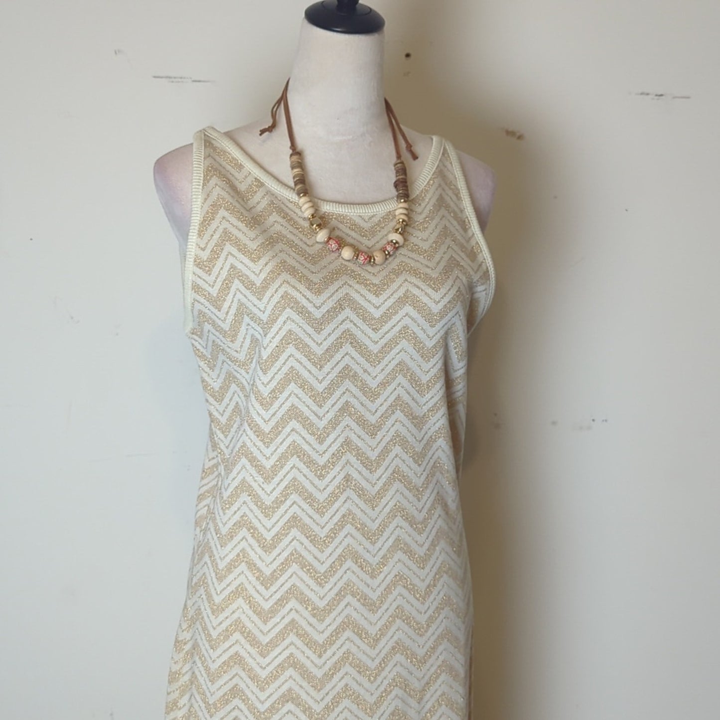 90's Y2K Chevron Maxi Metallic Shirt Dress Sleeveless Resort Glam Size L