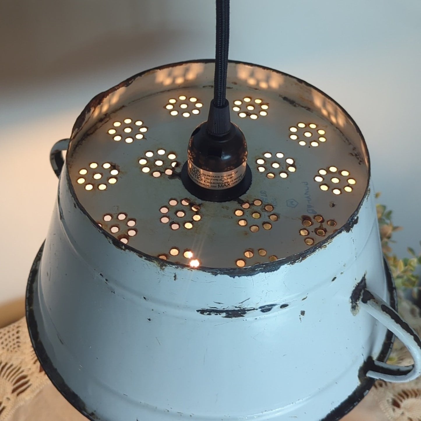 Vintage Enamel Colander Pendant Lamp Rustic Farmhouse Light w/ New Fixture