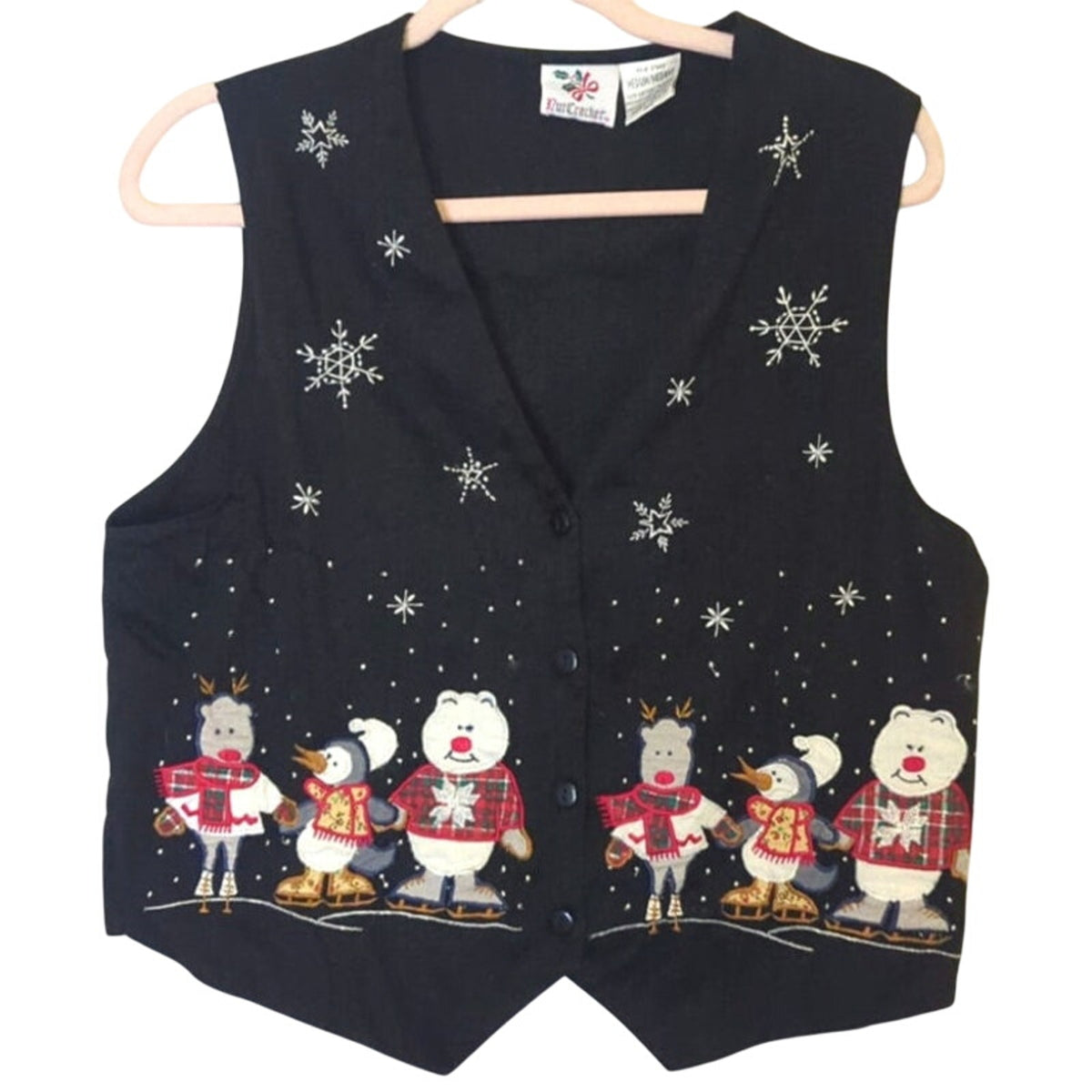 Nostalgic Vintage Winter Festival Embroidered Patchwork Holiday Vest Women's Med.